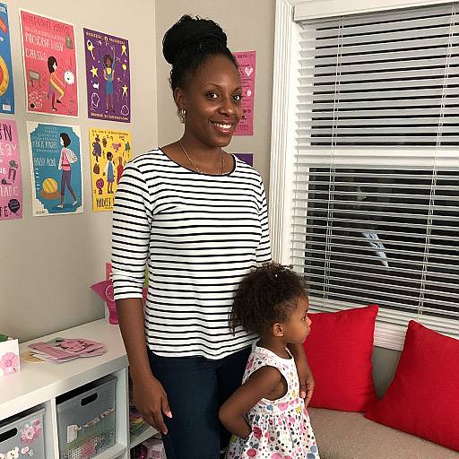 Photograph of a smiling Black woman with curly hair in a striped shirt, standing beside a young Black girl in a floral dress, in a brightly decorated