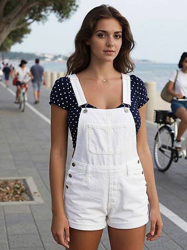 Young Woman in White Denim Overalls at Seafront Promenade