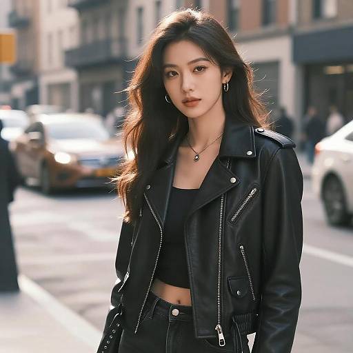 Woman in Black Leather Jacket on City Street