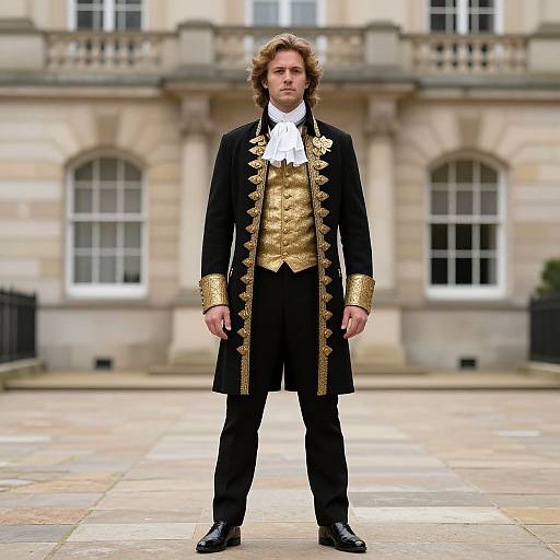 Photograph of a man with curly brown hair, wearing an 18th-century black and gold military coat, white cravat, and black pants