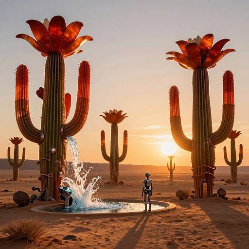 Photograph of a surreal desert landscape with giant, flower-topped cacti, a standing figure in sci-fi attire, and a water fountain at