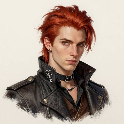 Digital portrait of a red-haired, pale-skinned man with intense eyes, wearing a black leather jacket, choker, and chain, against a white