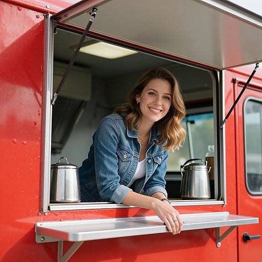 Photograph of a smiling brunette woman in a denim jacket, leaning out of a red food truck window with two metal pots inside.