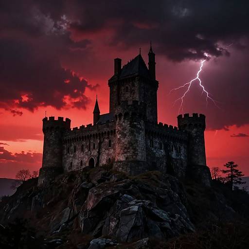 Ominous Castle at Blood-Red Sunset