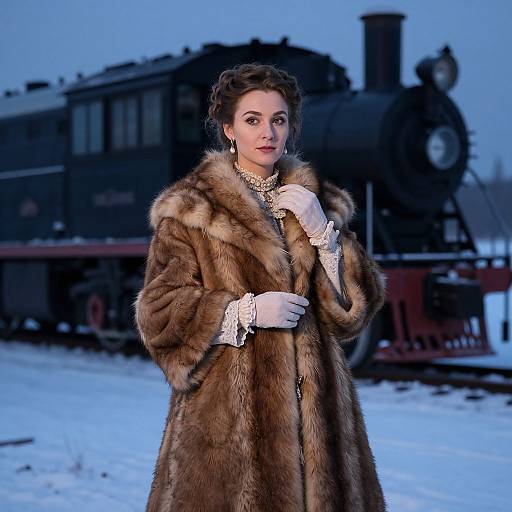 Victorian woman in luxurious brown fur coat and white gloves stands in snowy landscape with vintage steam locomotive in background.