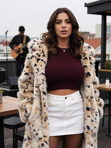 Photograph of a dark-haired woman with wavy hair, wearing a brown crop top, white skirt, and fur coat, standing outdoors on a rooftop