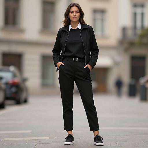 Photograph of a confident woman with long brown hair, wearing a black jacket, shirt, and pants with black sneakers, standing on a blurred urban street