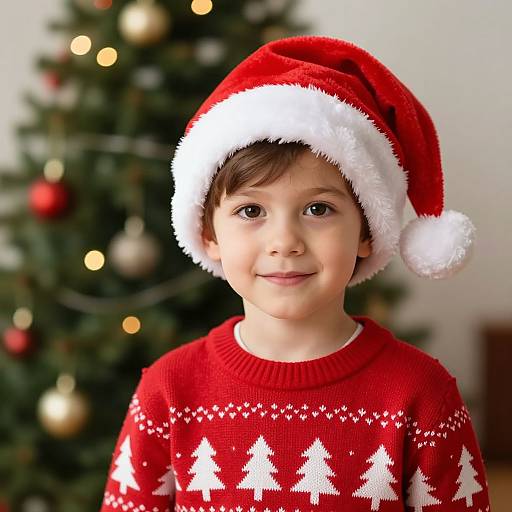Boy in Santa Hat by Christmas Tree
