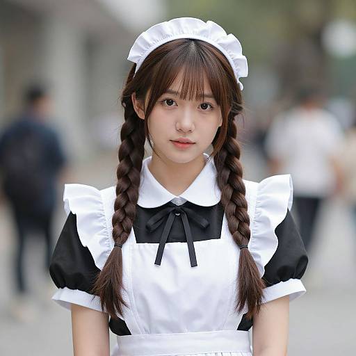 Photograph of an Asian woman with long brown hair in braids, wearing a traditional black and white French maid outfit, standing in a blurred urban background