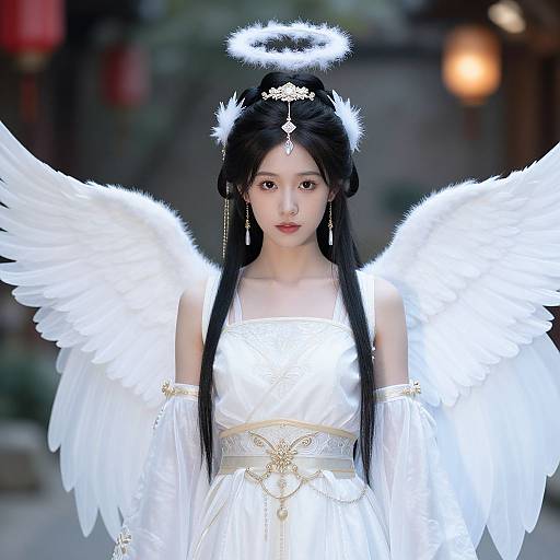 Photograph of an East Asian woman with long black hair, wearing a white angelic dress and halo, adorned with white feather wings, standing in an