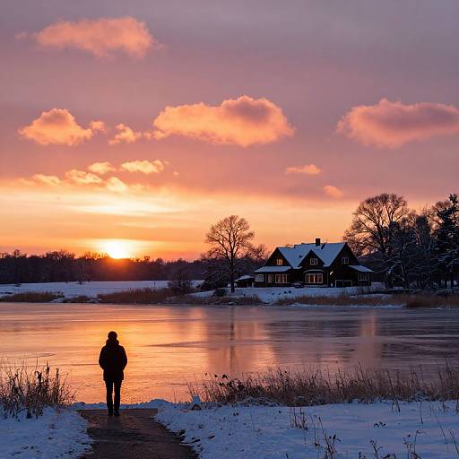 Photograph of a person silhouetted against a vibrant sunset over a snow-covered lake, with a house and bare trees in the background.