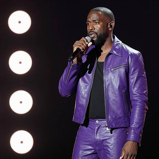 Dramatic Black Singer on Dark Stage