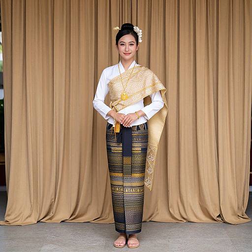 Photograph of a smiling Asian woman in traditional Thai attire, white blouse, gold patterned sarong, black ornate skirt, floral hairpin,