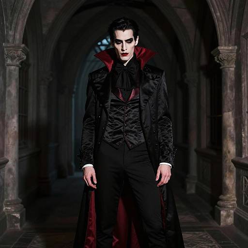 Gothic-style vampire illustration: pale male with black hair, red eyes, red lips, and black coat with red lining, standing in dimly