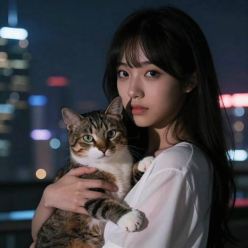 Photograph of an Asian woman with long black hair, wearing a white blouse, holding a tabby cat against a city night skyline with colorful, blurred