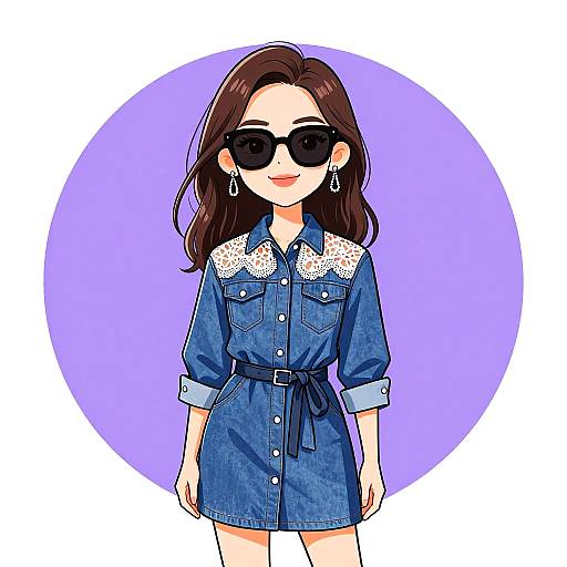 Digital illustration of a smiling woman with brown hair, wearing black sunglasses, blue denim dress with white lace shoulders, and earrings, standing against a purple circle