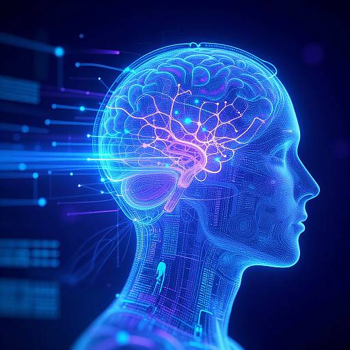 Digital CGI of a glowing blue human head silhouette, showing detailed brain neural networks, against a dark, neon-lit background.