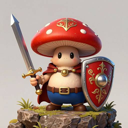Chibi-style, 3D CGI mushroom warrior with red cap, holding sword and shield, standing on rocky grassy pedestal, wearing red cape.