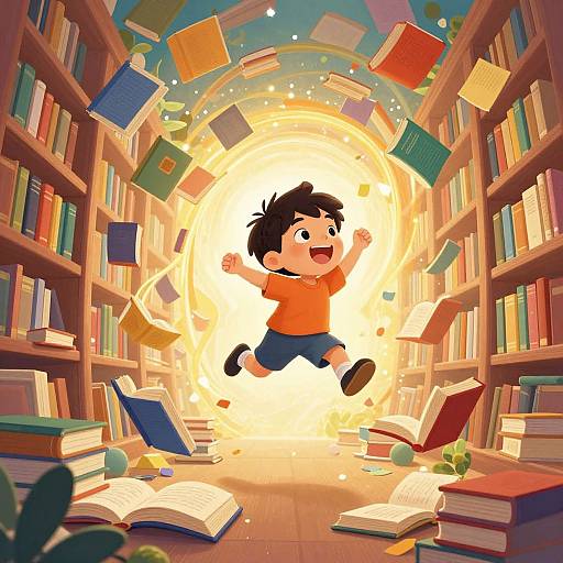 Digital illustration of a joyful, black-haired boy in an orange shirt and blue shorts, jumping through a swirling portal of flying books in a library.
