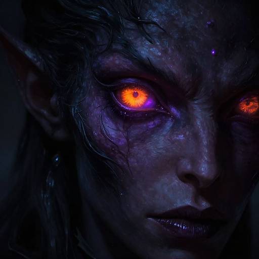 Close-up digital art of a dark-skinned, demonic creature with glowing orange eyes, wrinkled skin, and dark, tangled hair in a shadowy