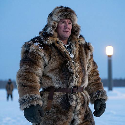 Photograph of a rugged man in a thick, brown fur coat with a fur hood, standing in a snowy landscape at dusk, wearing a necklace and