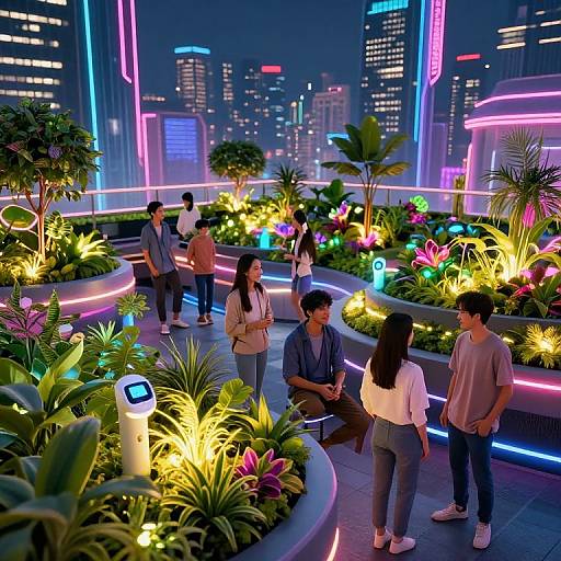 Neon-lit rooftop garden at night with diverse young adults chatting, colorful glowing plants, and city skyline in the background. Modern, vibrant, urban