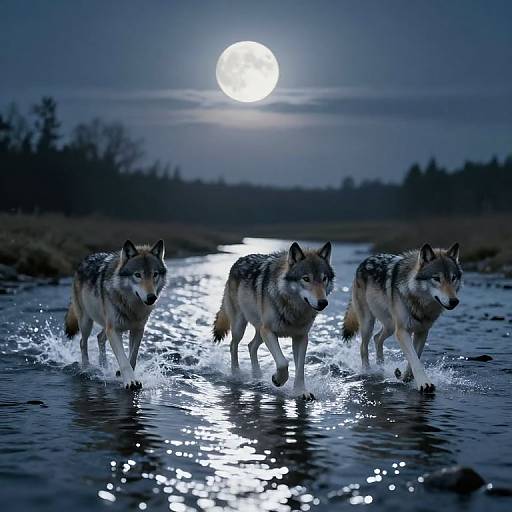 Photograph of four wolves running through a moonlit, reflective stream with a bright full moon in the dark blue night sky.