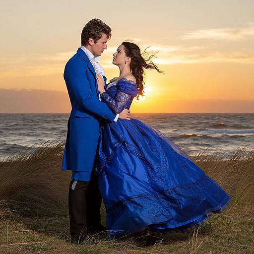 Photograph of a romantic sunset beach scene: man in blue suit, white shirt, woman in blue lace dress, standing, gazing at each other