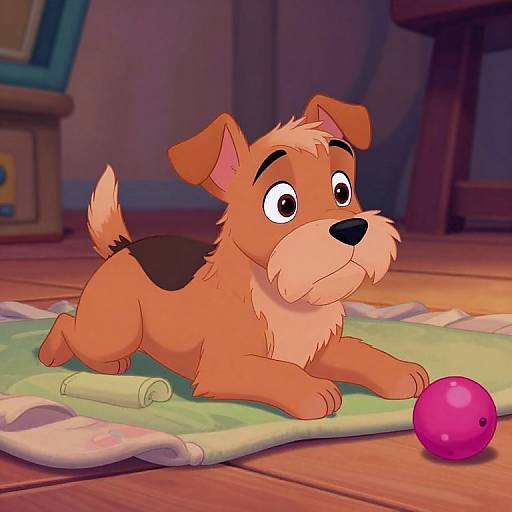 Animated, cartoon-style image of a curious, orange-and-black, puppy with large eyes, lying on a green mat, staring at a pink ball on