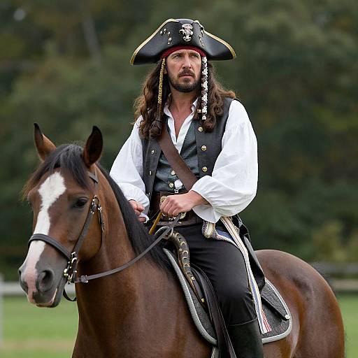 Photograph of a long-haired, bearded man in a black pirate hat and white shirt, riding a brown and white horse outdoors.