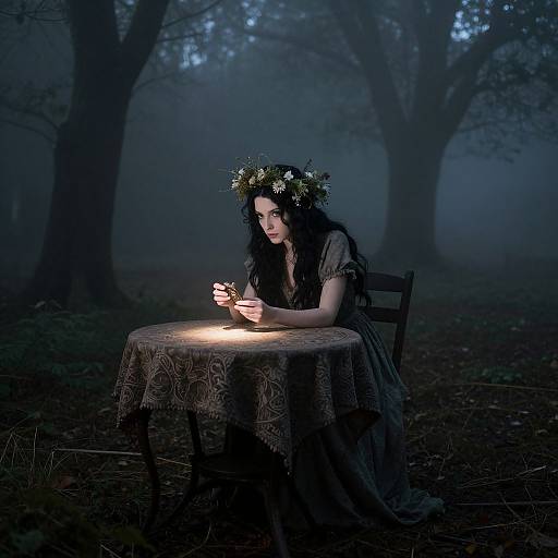 Photograph of a pale, dark-haired woman with a flower crown, dressed in a dark, Victorian-style dress, sitting at a round, lace-covered
