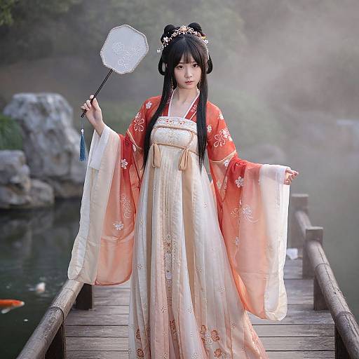Photograph of an Asian woman in traditional red and white kimono with floral patterns, standing on a wooden bridge, holding a white fan, misty