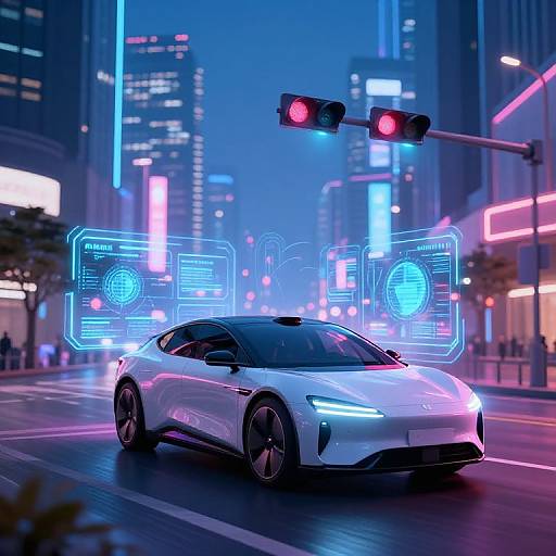 Cyberpunk cityscape at night: sleek white sports car with neon lights drives through illuminated urban streets, holographic interface displays in blue, red traffic