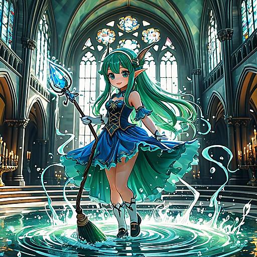 Digital anime artwork of a green-haired, elf-like girl with pointy ears, wearing a blue dress, standing in a flooded cathedral, holding a staff