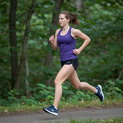 Photograph of a fit, young woman with light skin, brown hair in a ponytail, running on a forest path in a navy tank top,