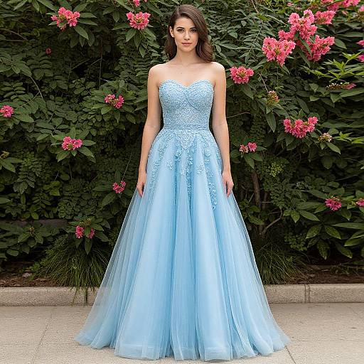 Photograph of a fair-skinned woman with dark brown hair in a strapless, light blue, lace and tulle ball gown, standing in front