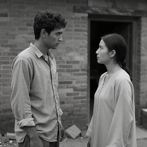 Black and White Portrait of Two People in Rustic Setting