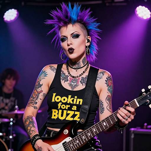Photograph of a tattooed, blue-spiked punk rocker with bold makeup, black tank top reading 