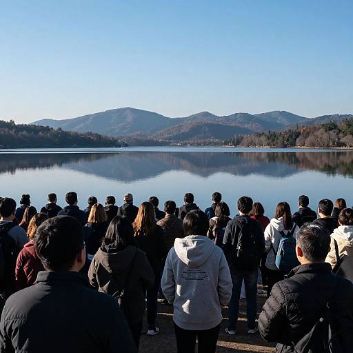 Photograph of a diverse group of people standing by a calm lake with mountain reflections under a clear blue sky.