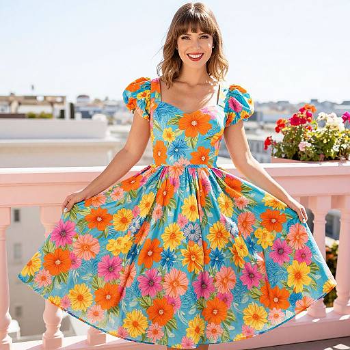 Photograph of a smiling woman with shoulder-length brown hair, wearing a vibrant, floral-patterned, 1950s-style dress, standing on a