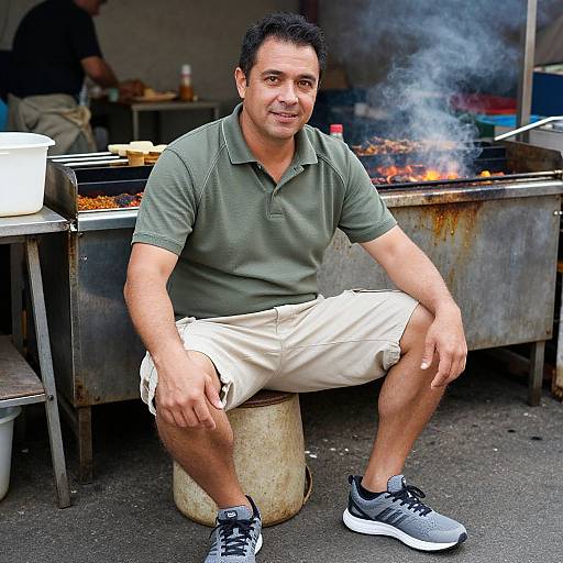 Photograph of a middle-aged Hispanic man with short black hair, olive green polo, beige shorts, and gray sneakers, sitting on a stool at a