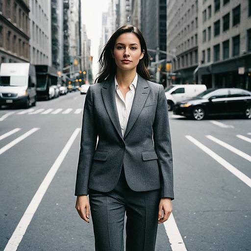 Photograph of a confident woman with dark hair in a gray business suit, standing in the middle of a busy city street. Urban buildings and cars in