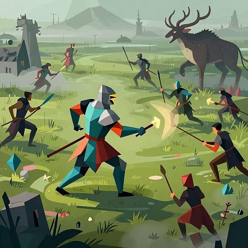 Digital illustration of a medieval battle scene: armored knights with colorful gear fight a deer with antlers on a grassy field. Wizards cast spells, crystals