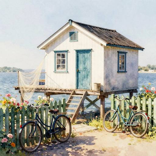 Colorful digital painting of a white, wooden, elevated cottage with blue door and shutters, surrounded by a picket fence, two bicycles, and