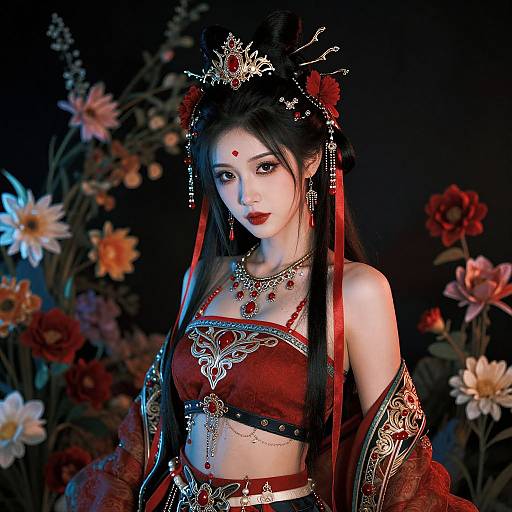 Photorealistic digital portrait of an Asian woman in ornate red and gold traditional attire, adorned with jewelry and floral headpiece, surrounded by vibrant flowers