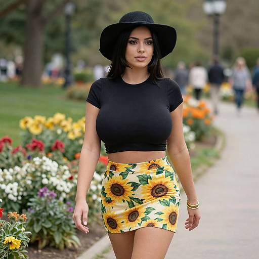 Photograph of a curvy woman with tan skin, black hat, tight black crop top, and sunflower-patterned yellow mini-skirt, walking