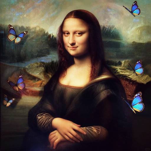 Digital artwork of Mona Lisa with long dark hair, black dress, serene smile, surrounded by blue and orange butterflies, against a landscape background.