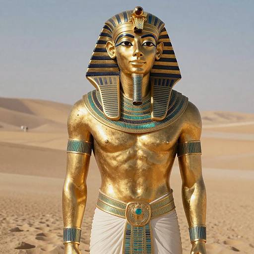 Photograph of a golden, Egyptian-style statue with striped headdress and turquoise accents, standing in a desert with sand dunes.
