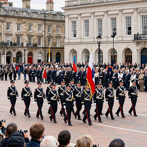 Photograph of a formal military parade in a historic European city square, featuring uniformed soldiers marching with flags, surrounded by onlookers.