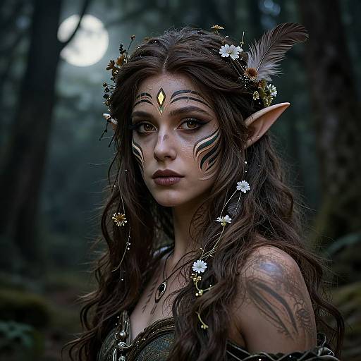 Digital fantasy artwork of a dark-haired, elf-eared woman with white face paint, flower crown, and gold headpiece, standing in a misty